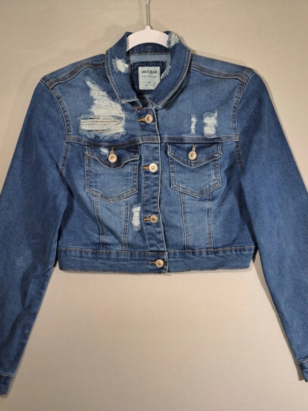 Wax Jean Blue Distressed Cropped Denim Jacket
